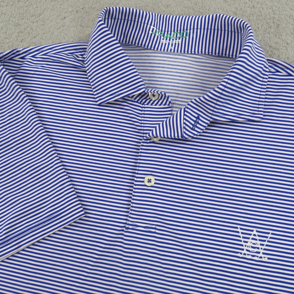 B Draddy Sport Polo Mens Small Blue White Striped Performance Golf Shirt USA
